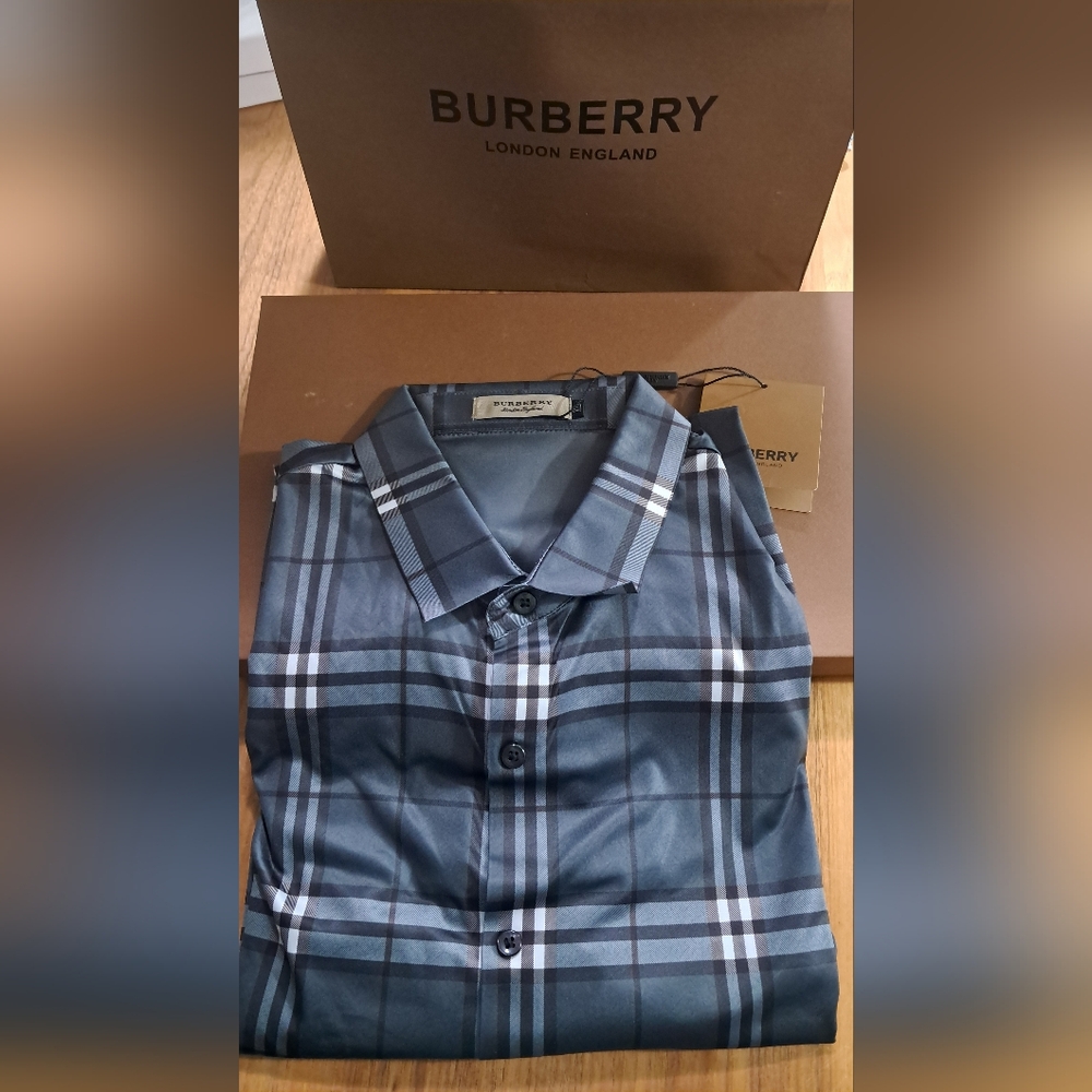 Burberry Men's Gray and Black Plaid Button-Down Shirt